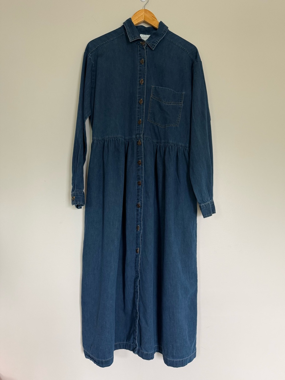 VTG Moda Intl Long Sleeve Button Front Dark Wash Denim Midi Dress Sz 12 USA